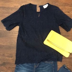 Anthropologie En Elle Navy Lace Top